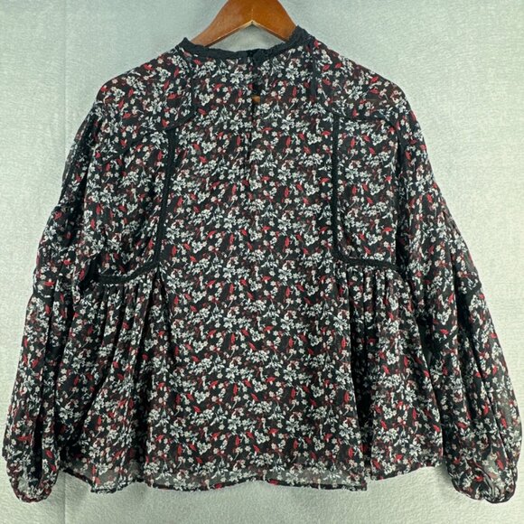 Zara Black Floral Sheer Crochet Peasant Blouse – Long Sleeve, Size L NWT - Picture 1 of 6